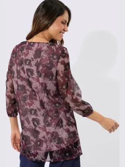Tunique à col en V avec motifs animaliers et manches 3/4 transparentes