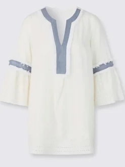 Tunique en coton avec empiècements fleuris et franges