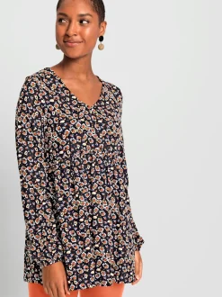 Tunique fluide à col V et manches longues avec motif floral