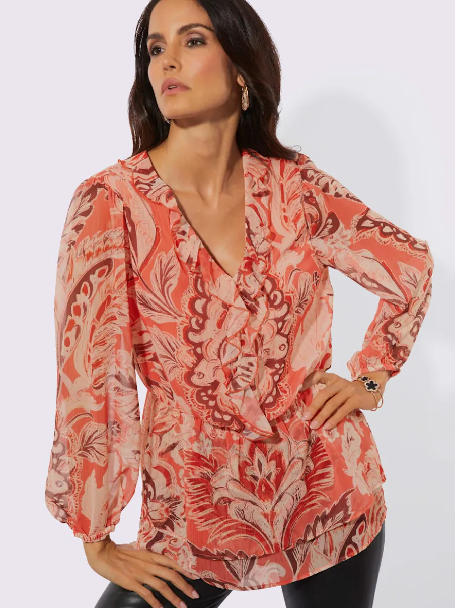 Tunique à motif paisley avec col V et manches longues en polyester recyclé