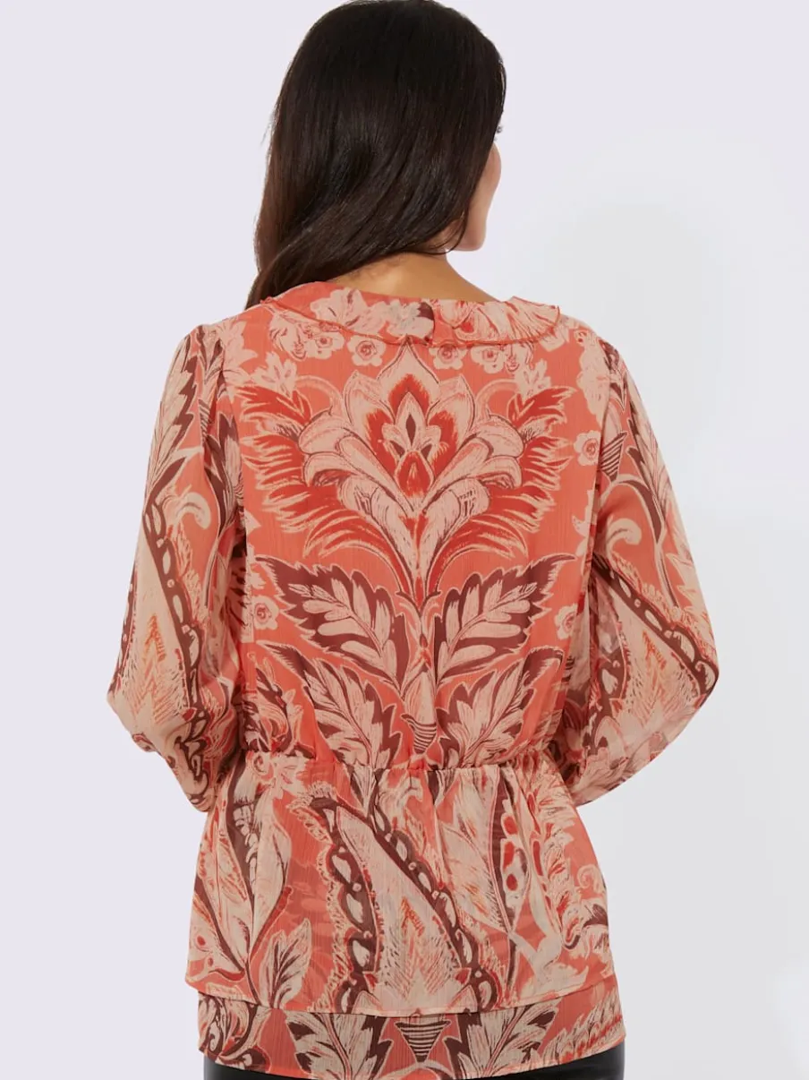 Tunique à motif paisley avec col V et manches longues en polyester recyclé