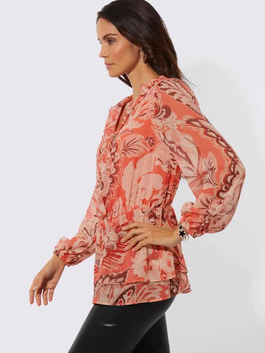 Tunique à motif paisley avec col V et manches longues en polyester recyclé