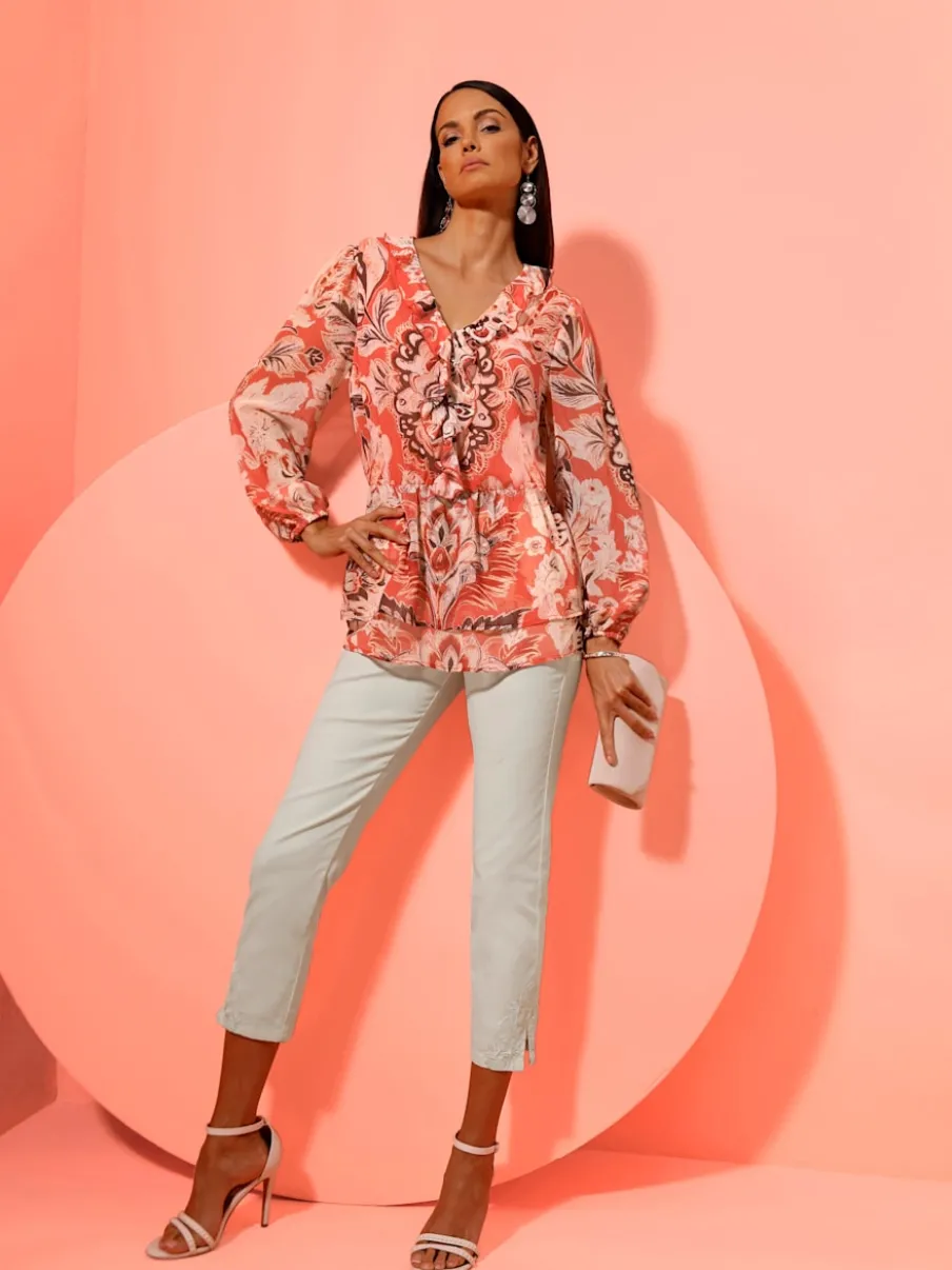 Tunique à motif paisley avec col V et manches longues en polyester recyclé