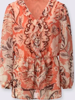 Tunique à motif paisley avec col V et manches longues en polyester recyclé