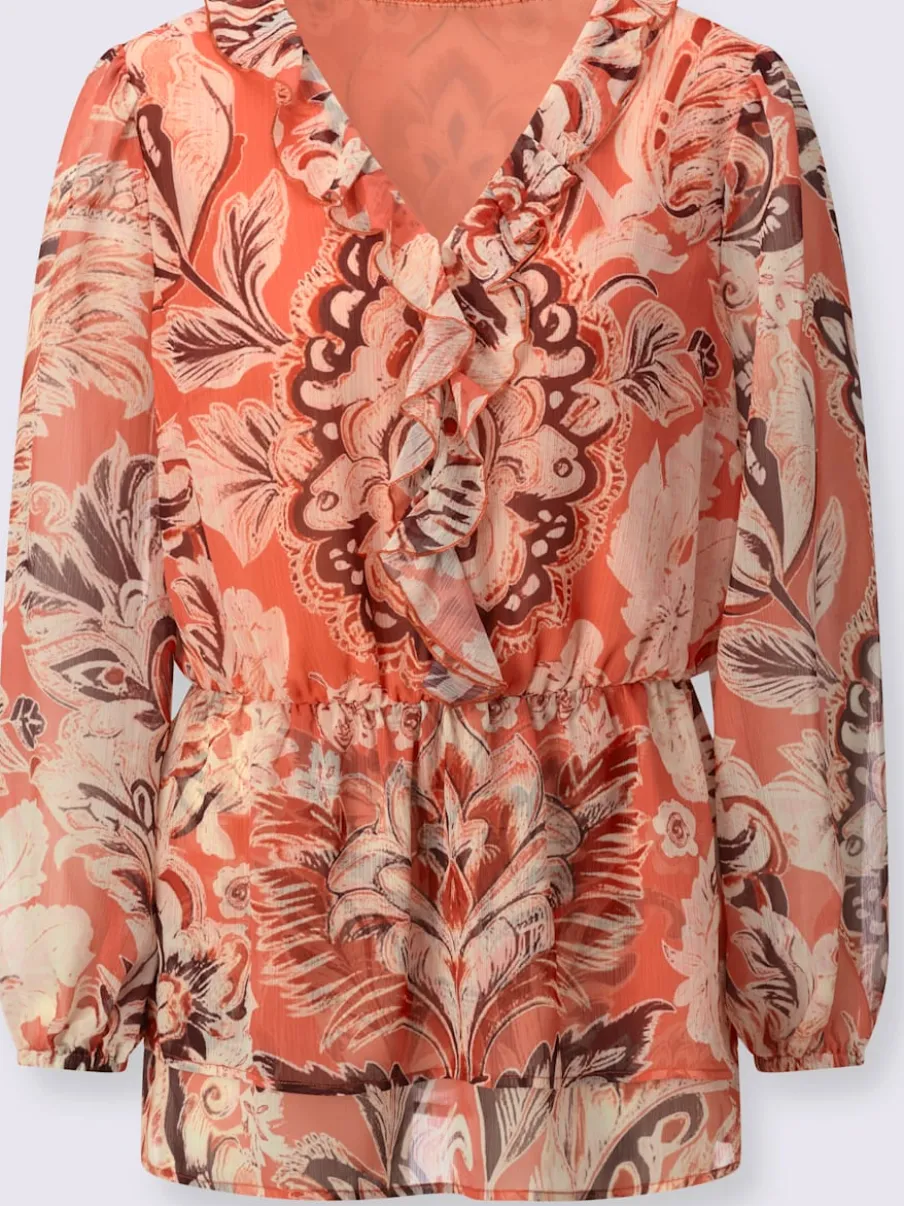 Tunique à motif paisley avec col V et manches longues en polyester recyclé