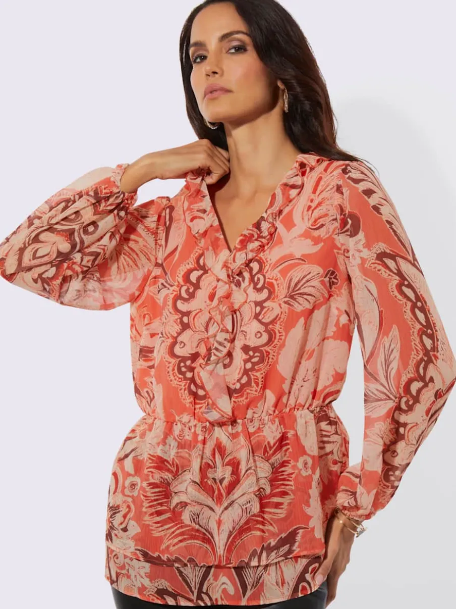 Tunique à motif paisley avec col V et manches longues en polyester recyclé