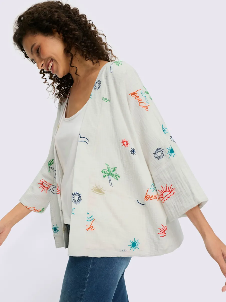 Veste chemisier avec broderie et manches 3/4 chauve-souris