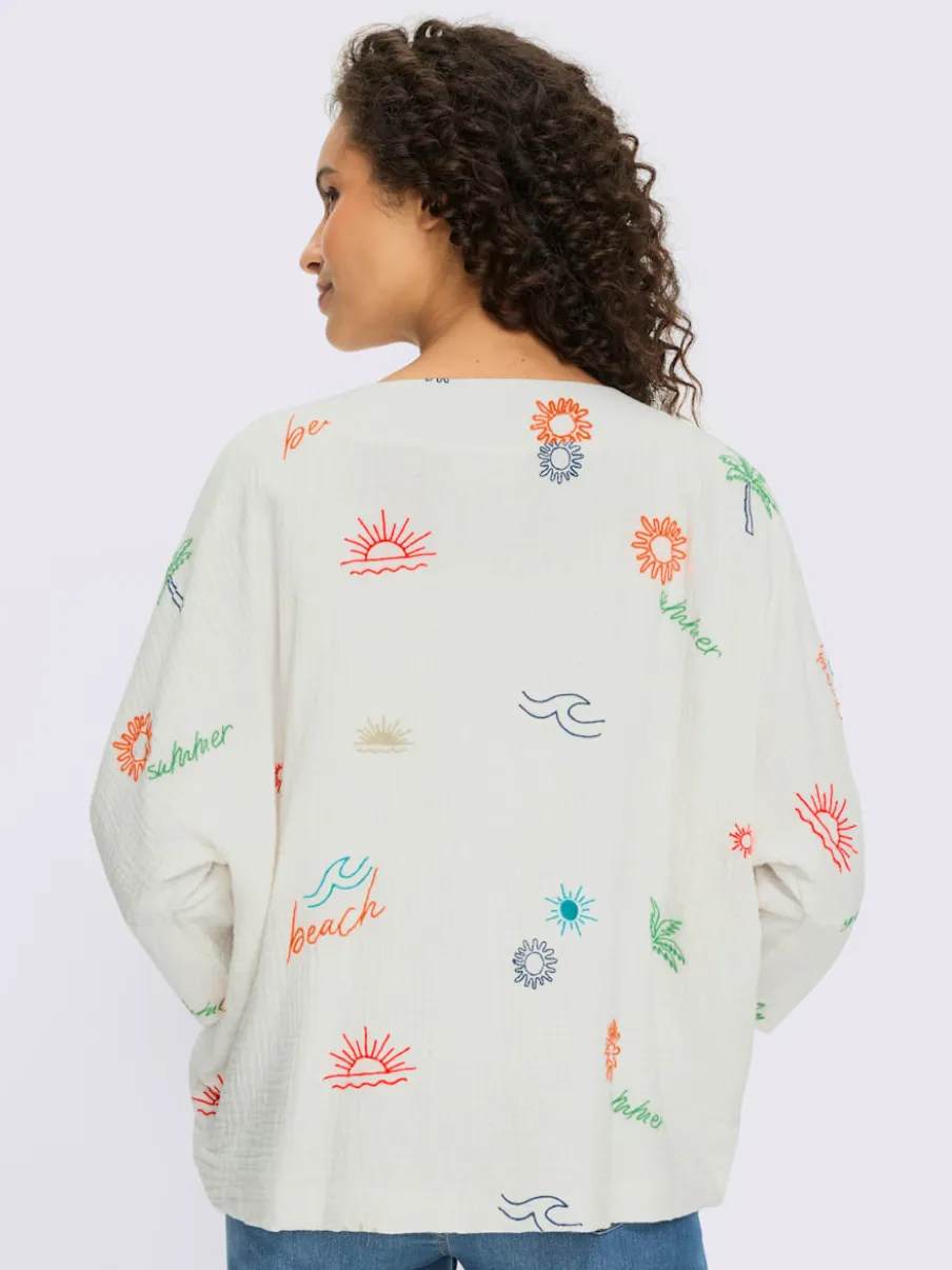 Veste chemisier avec broderie et manches 3/4 chauve-souris