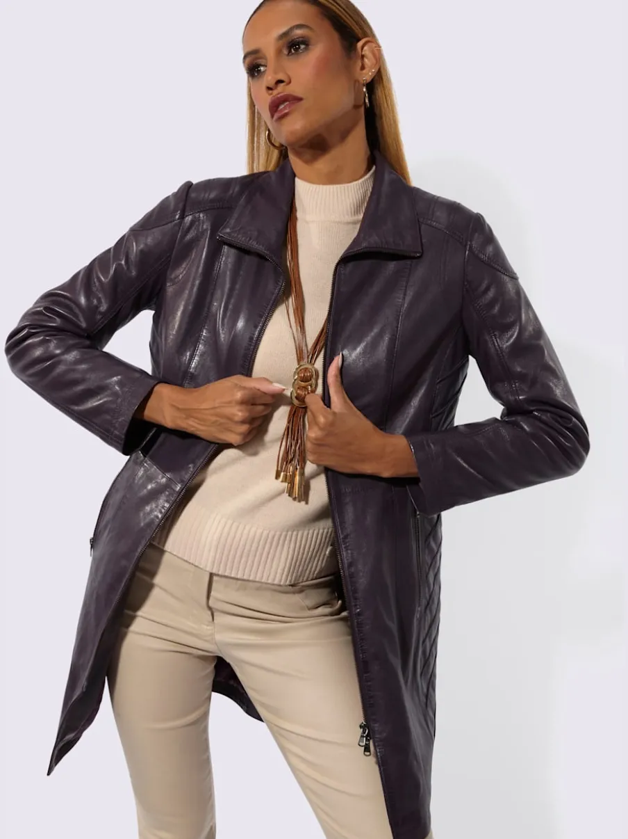 Veste en cuir d'agneau avec col convertible et empiècements affinants