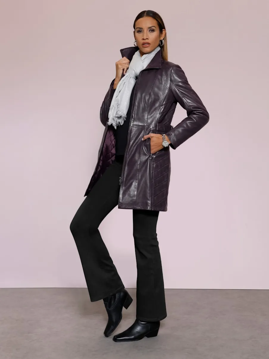 Veste en cuir d'agneau avec col convertible et empiècements affinants