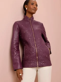 Veste en cuir nappa avec col montant et poches décoratives