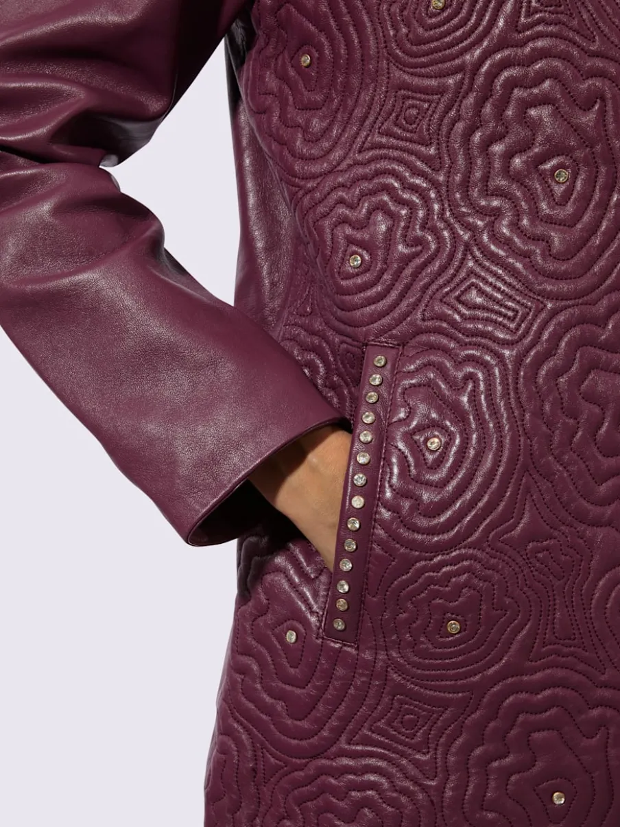 Veste en cuir nappa avec col montant et poches décoratives