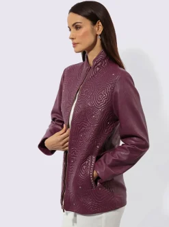 Veste en cuir nappa avec col montant et poches décoratives