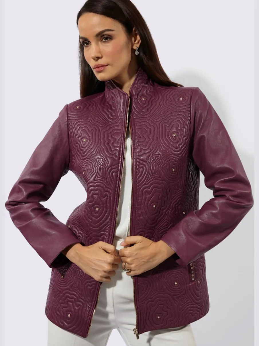 Veste en cuir nappa avec col montant et poches décoratives