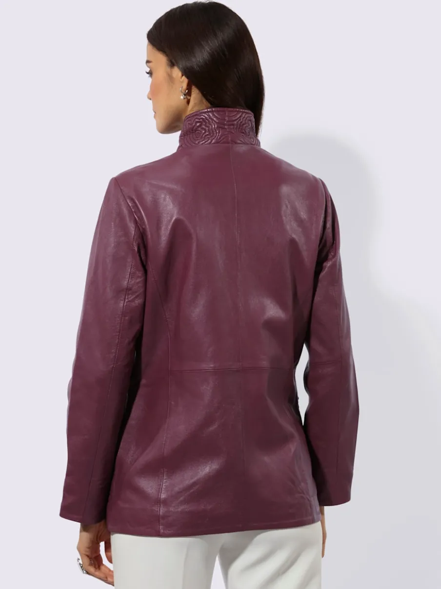 Veste en cuir nappa avec col montant et poches décoratives