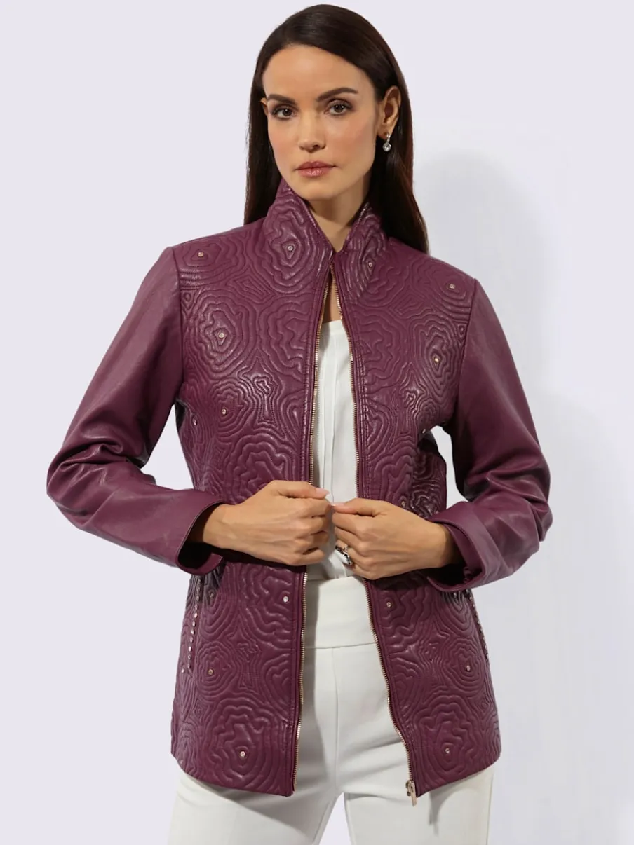Veste en cuir nappa avec col montant et poches décoratives