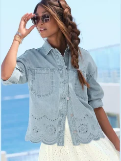 Veste en jean à col classique et manches longues avec broderies
