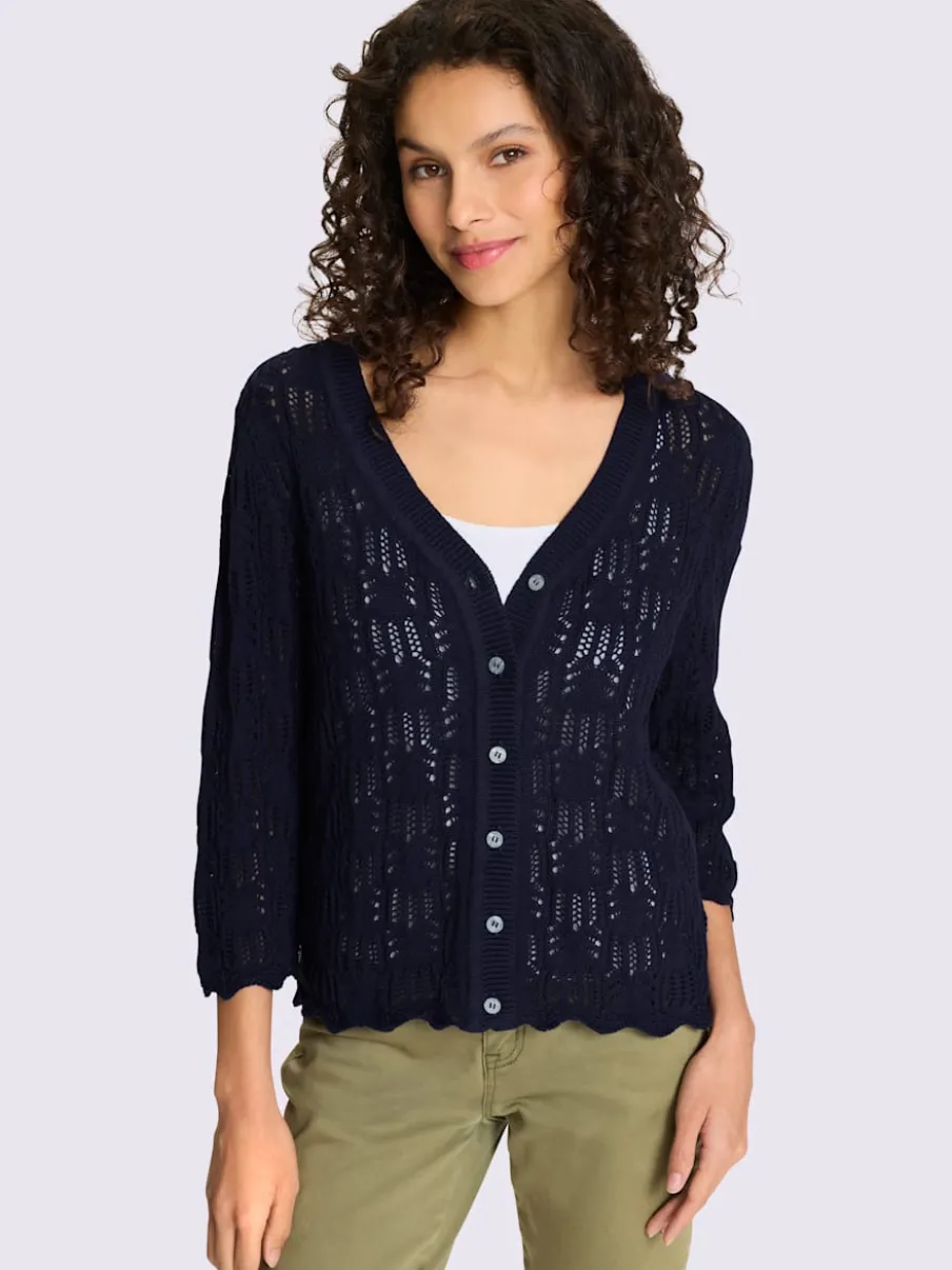 Veste en tricot ajouré avec col V et manches 3/4
