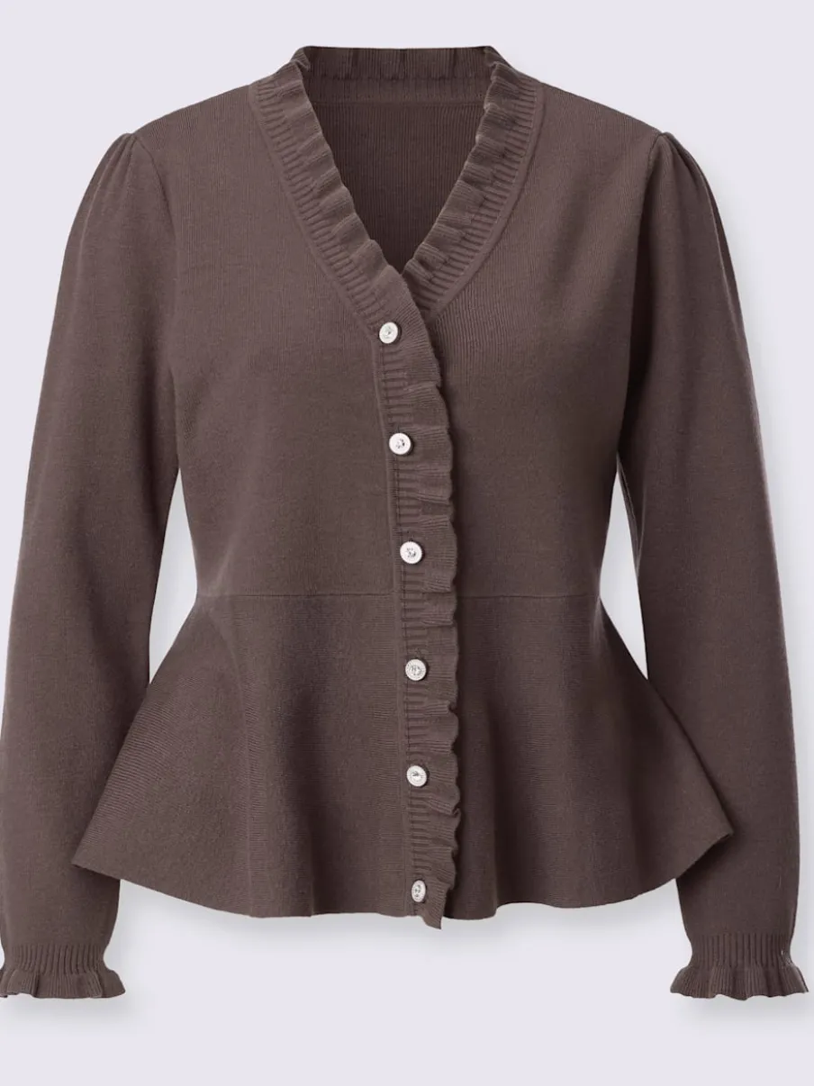Veste en tricot à col en V et manches longues avec volants