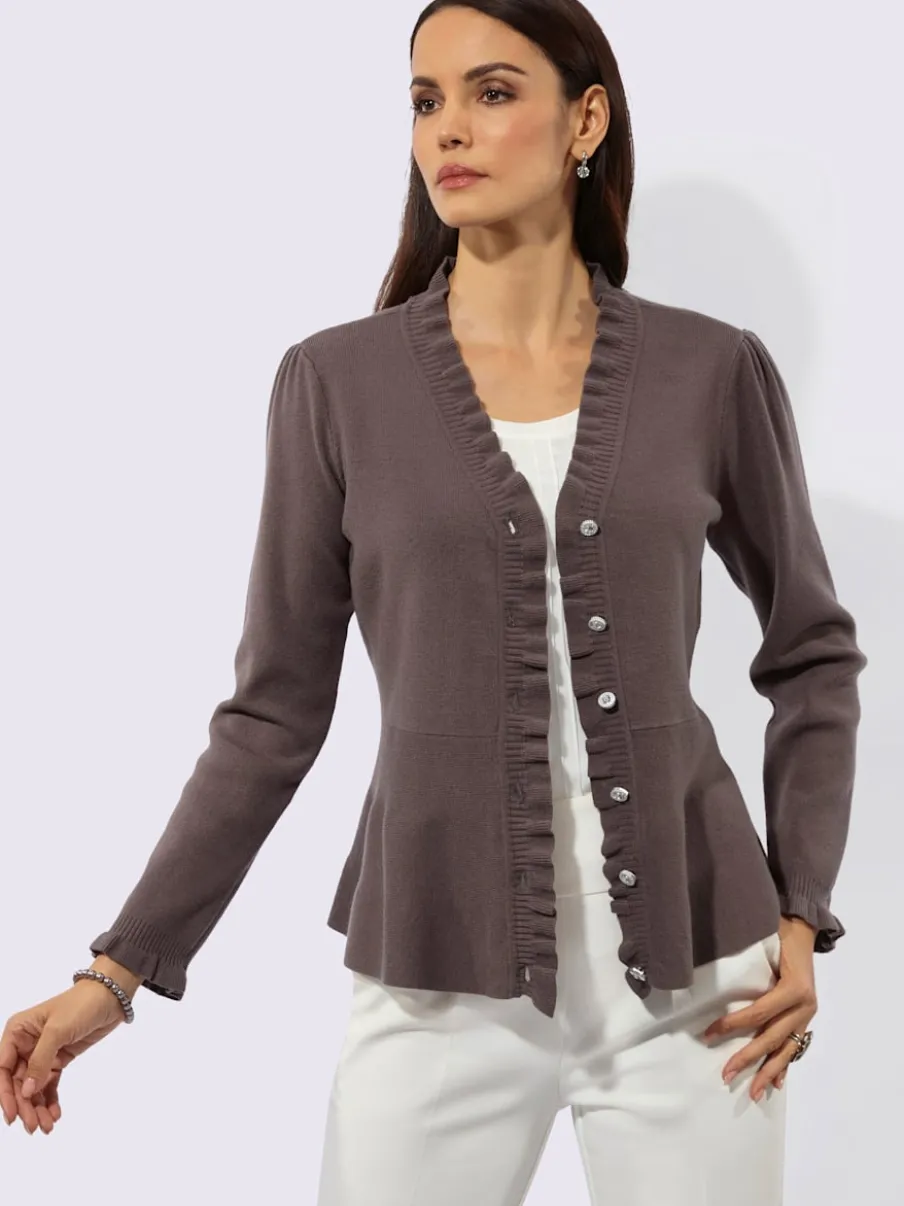 Veste en tricot à col en V et manches longues avec volants