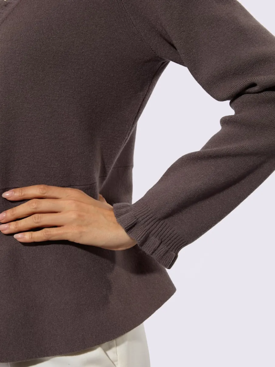 Veste en tricot à col en V et manches longues avec volants