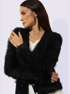 Veste en tricot à col V avec boutons fantaisie et bord-côte