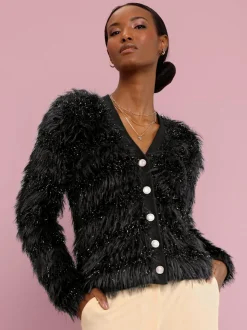 Veste en tricot à col V avec boutons fantaisie et bord-côte