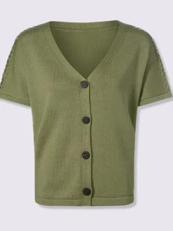Veste en tricot à col V avec manches courtes et couture décorative