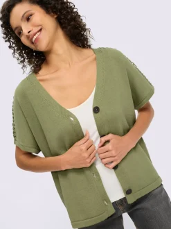 Veste en tricot à col V avec manches courtes et couture décorative