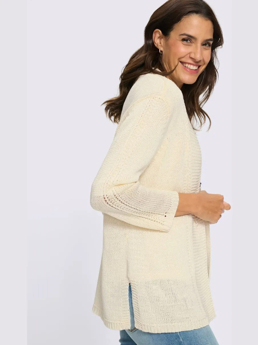 Veste en tricot à col V et manches 3/4 avec motif ajouré