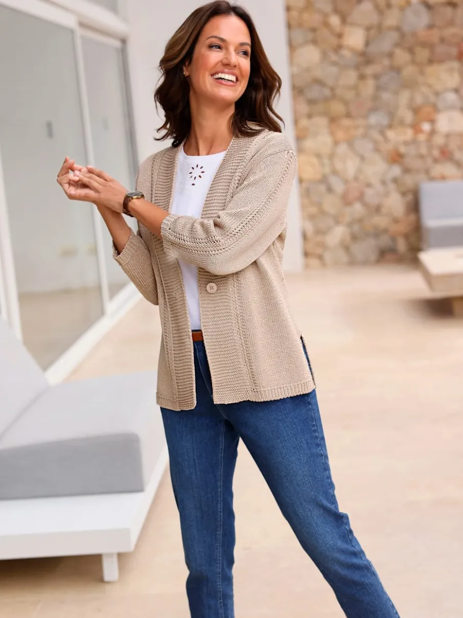 Veste en tricot à col V et manches 3/4 avec motif ajouré