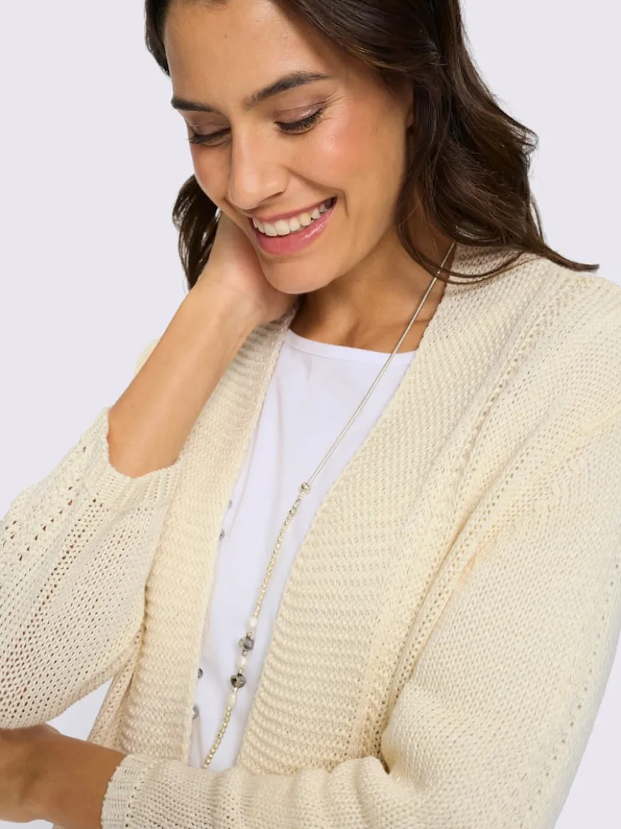Veste en tricot à col V et manches 3/4 avec motif ajouré