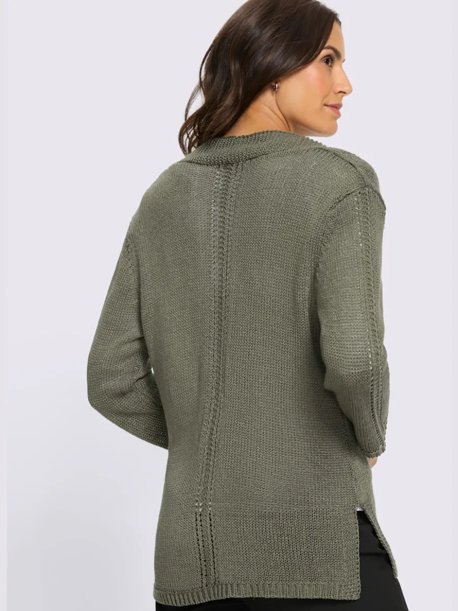 Veste en tricot à col V et manches 3/4 avec motif ajouré