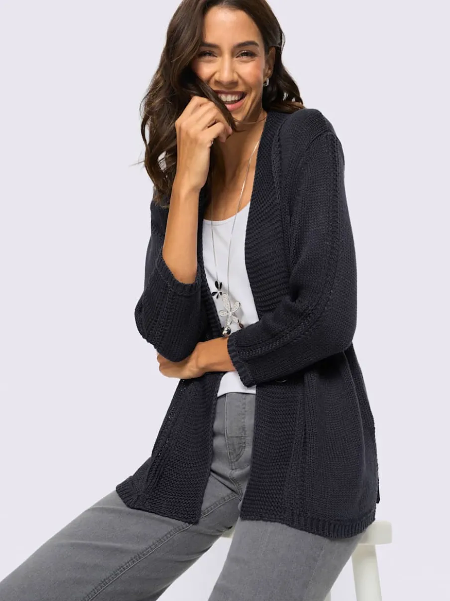 Veste en tricot à col V et manches 3/4 avec motif ajouré