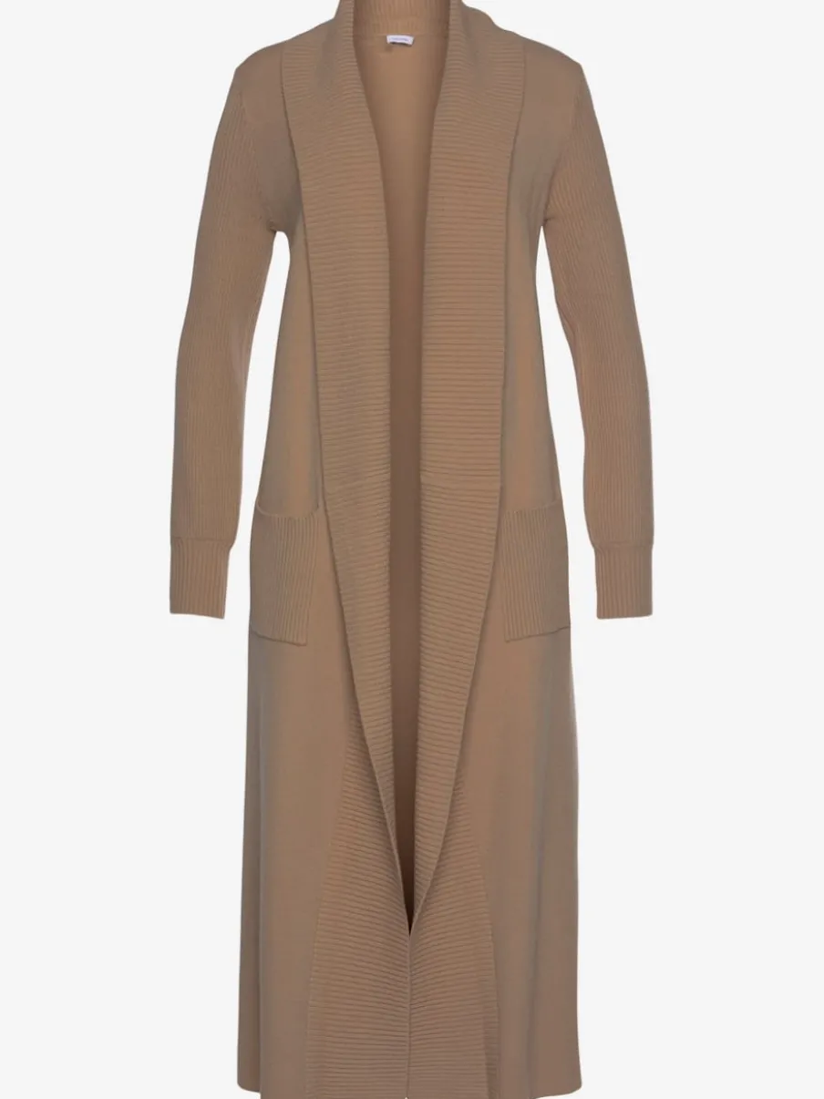Veste en tricot long avec col châle et poches ouvertes