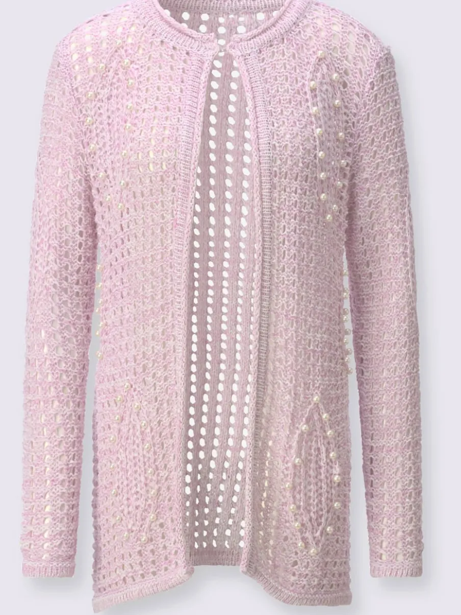 Veste longue en tricot ajouré avec perles fantaisie