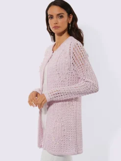 Veste longue en tricot ajouré avec perles fantaisie