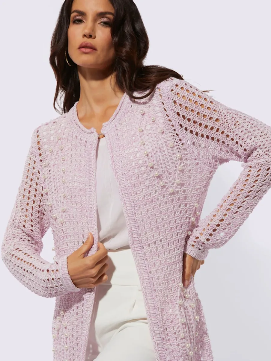 Veste longue en tricot ajouré avec perles fantaisie
