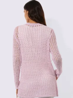 Veste longue en tricot ajouré avec perles fantaisie