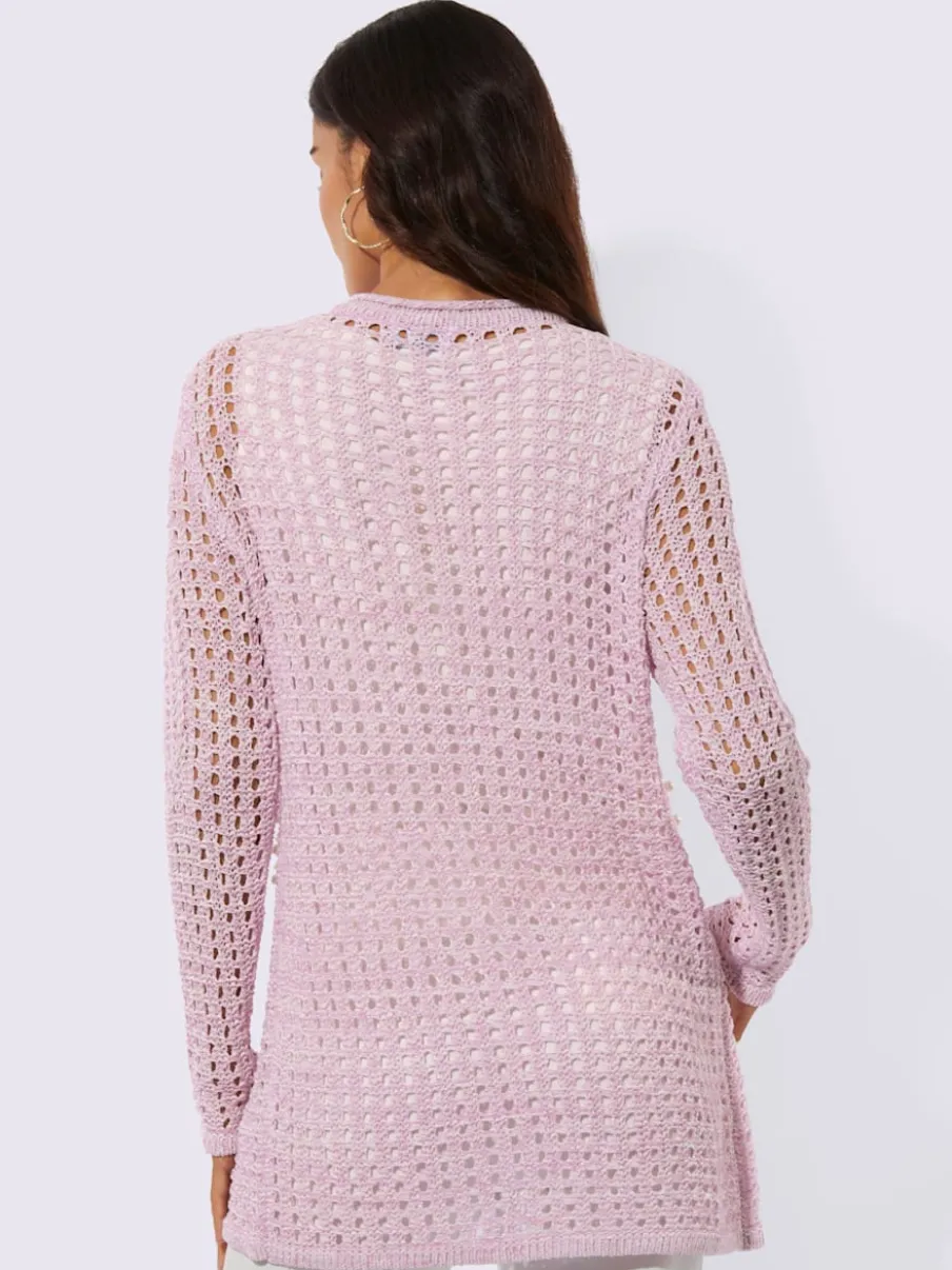 Veste longue en tricot ajouré avec perles fantaisie