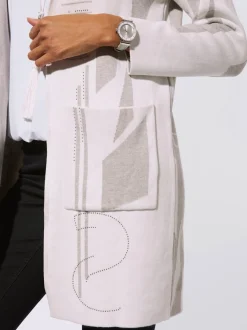 Veste longue en tricot à capuche avec motif graphique et poches