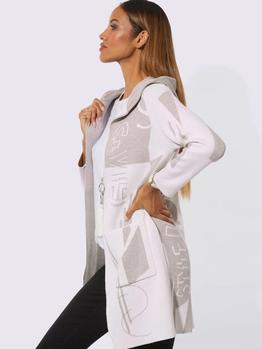 Veste longue en tricot à capuche avec motif graphique et poches
