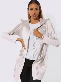 Veste longue en tricot à capuche avec motif graphique et poches