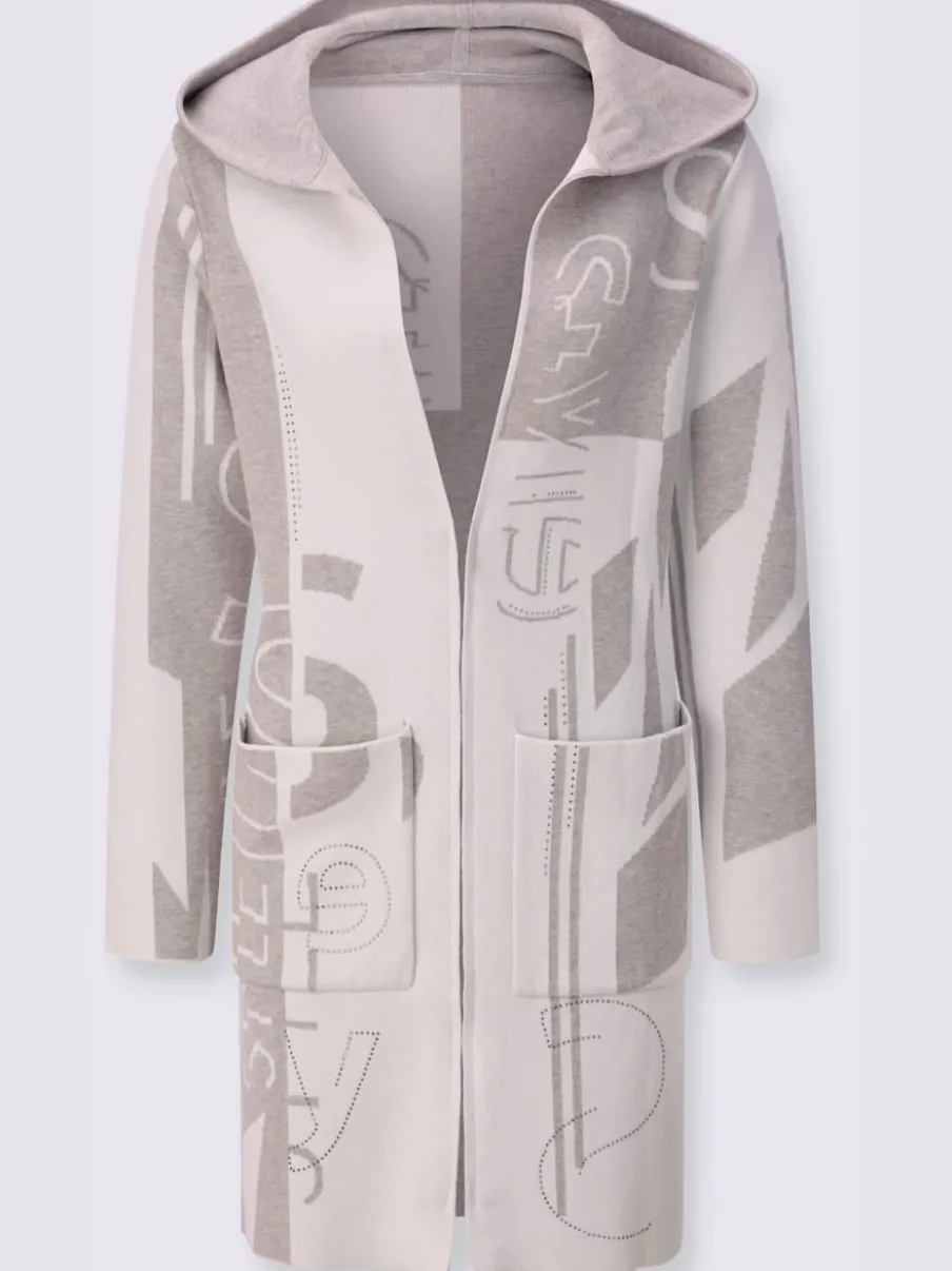 Veste longue en tricot à capuche avec motif graphique et poches