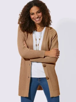 Veste longue en tricot côtelé à col en V