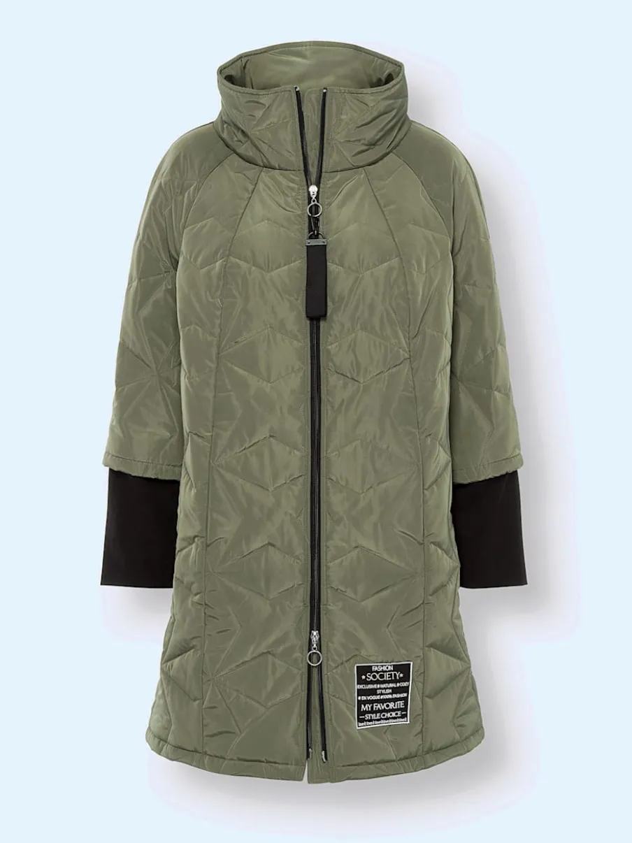 Veste longue matelassée à col montant et poches