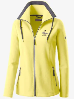 Veste polaire avec col à revers et rayures.