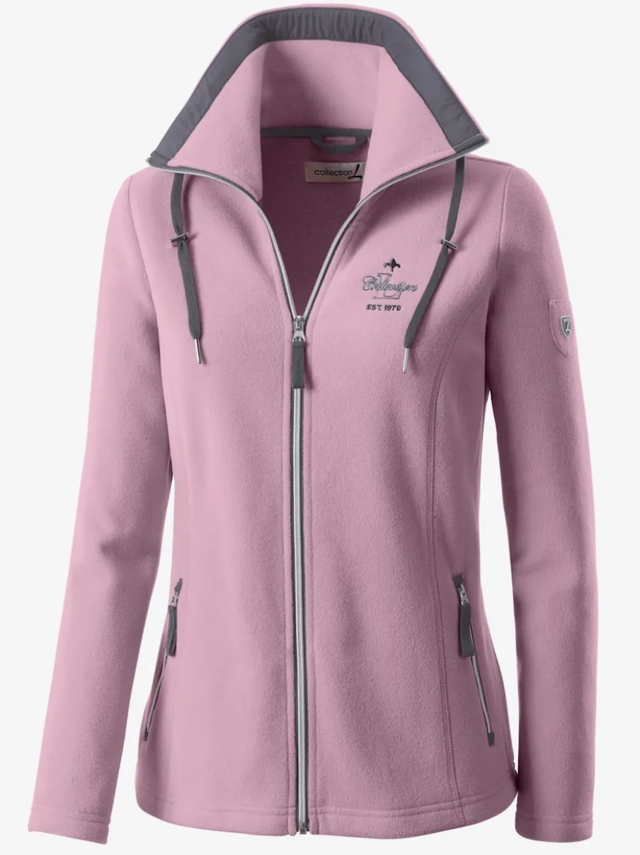 Veste polaire avec col à revers et rayures.