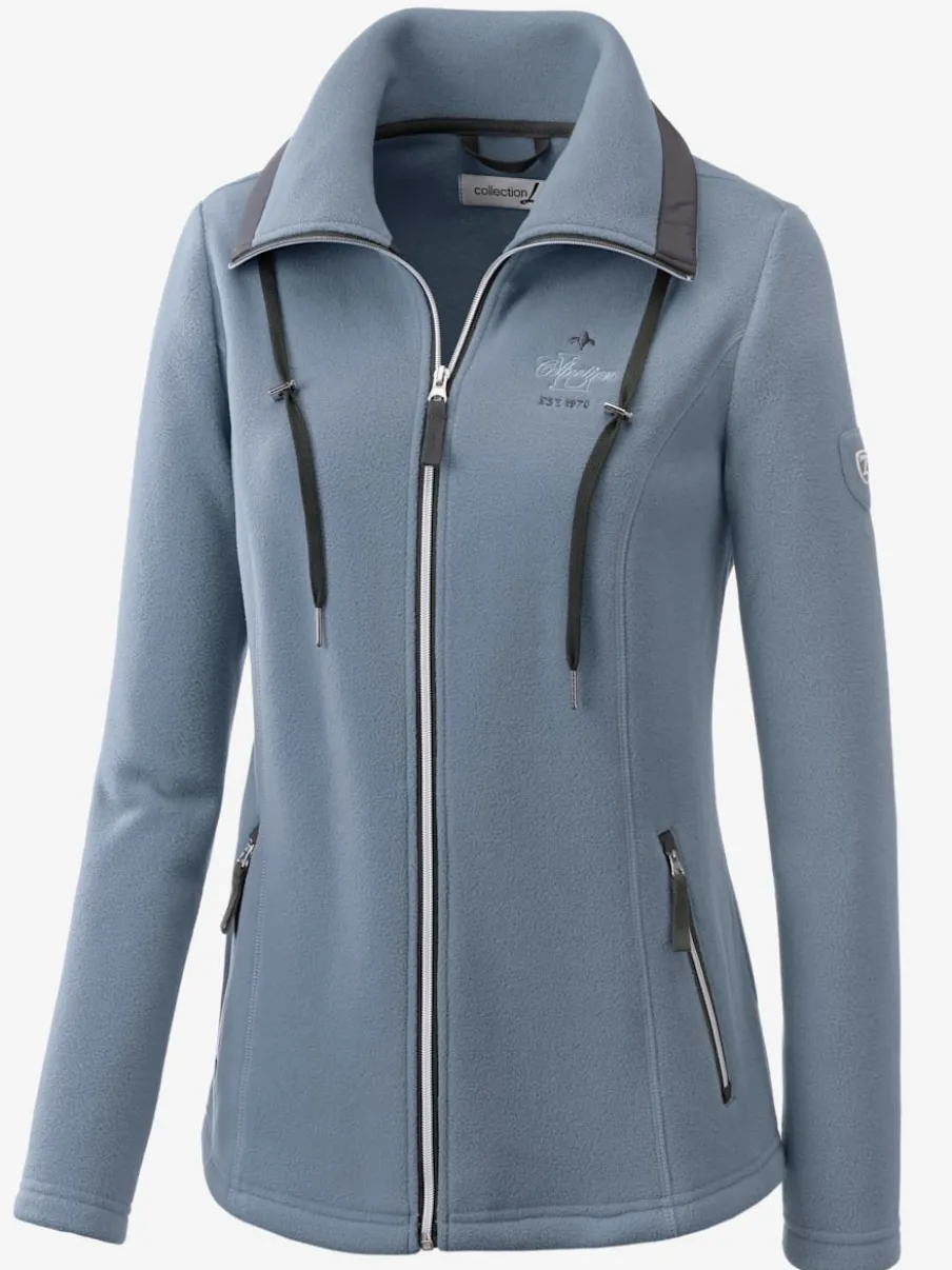 Veste polaire avec col à revers et rayures.