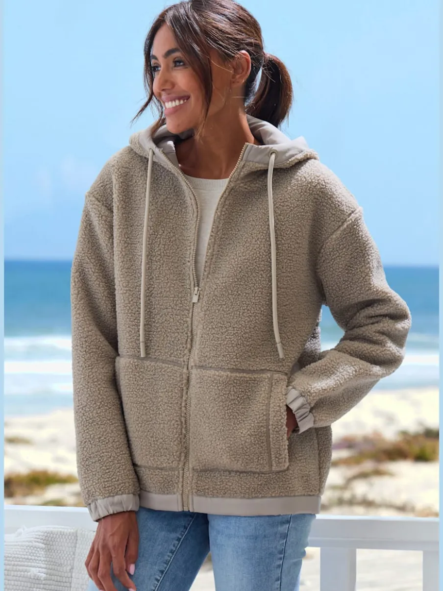 Veste polaire douce capuche avec poche kangourou décorative
